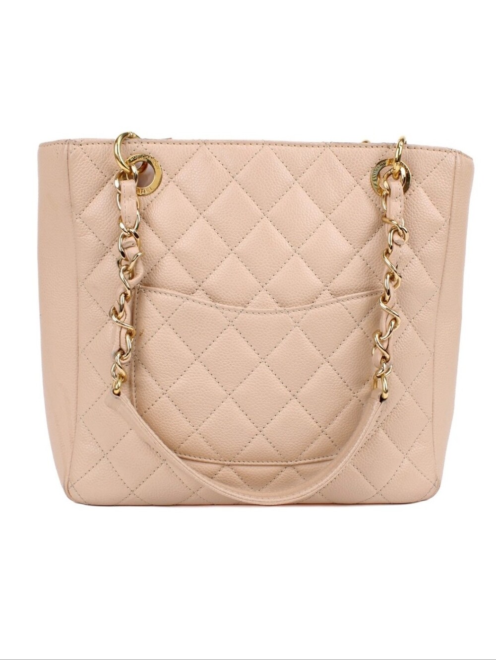 CHANEL Bag Chain Tote Grained Caviar Logo "CC" Bag Calfskin Beige/Blush Gold HRW - Picture 2 of 14